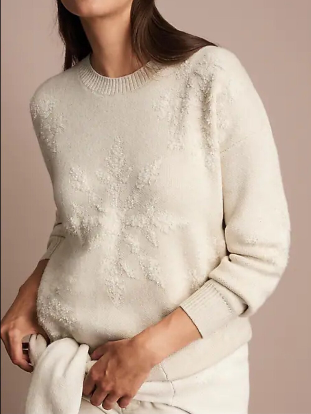 J.Jill Textured Stitch Snowflake Longsleeve Crewneck Sweater Cream Oatmeal